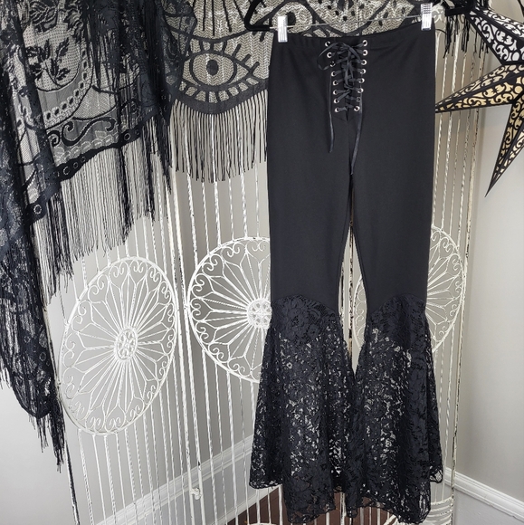 Widow Black Flare Pants with Lace Detailing Bell Bottom Corporate Goth Witch - Picture 2 of 5